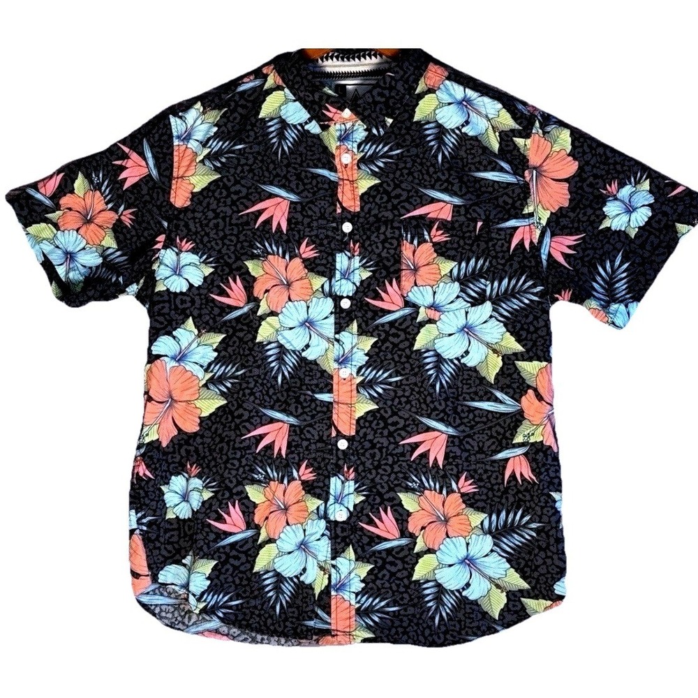 Beautiful Giant Mens Floral Hibiscus Leopard Print Button Down Shirt Size L